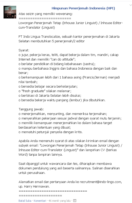 Lowongan Kerja Penerjemah Inggris Indonesia Sept 2013