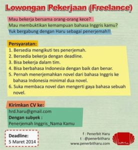 Lowongan penerjemah novel Inggris Indonesia dari Penerbit Haru