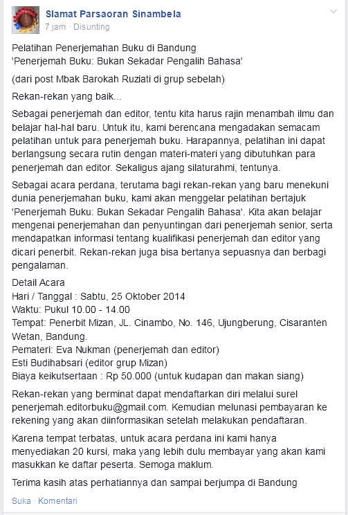 Pengumuman Pelatihan Penerjemahab Buku di Bandung