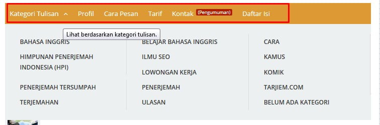 Tampilan utama sebelumnya, kategori, profil, cara pesan, tarif,kontak, dan daftar Isi.