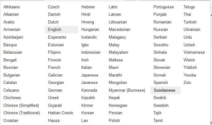 Daftar bahasa yang didukung google translate
