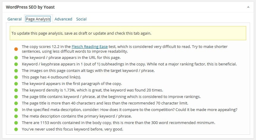 Seluruh indikaotr seo yoast plugin berwarna hijau, kecuali