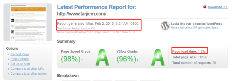 Hasil GTMetrix.com tarjiem.com saat dibuka dari London, Inggris.