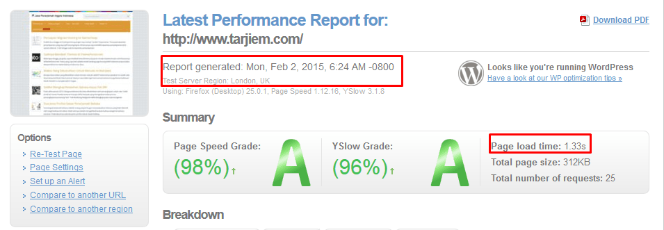 Hasil GTMetrix.com tarjiem.com saat dibuka dari London, Inggris.