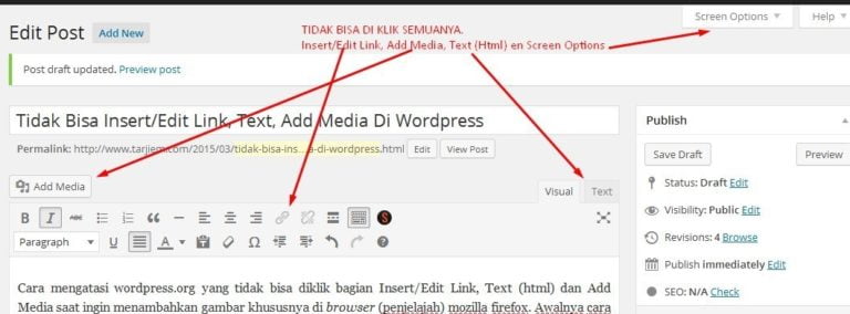 Tidak Bisa Klik Insert/Edit Link, Add Media, Text (html) di blog Wordpress