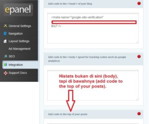 Posisi penempatan script histats.com