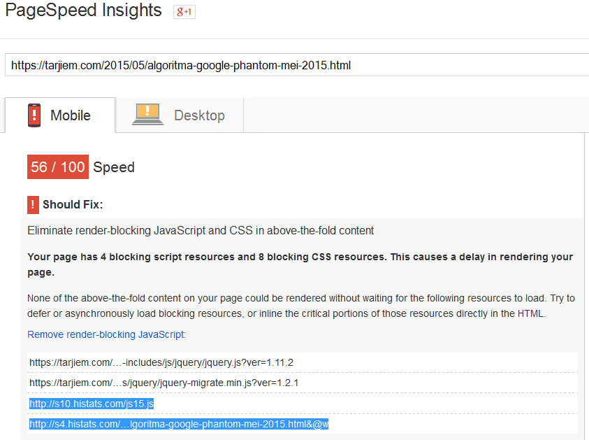 Histats pada googlespeed insight