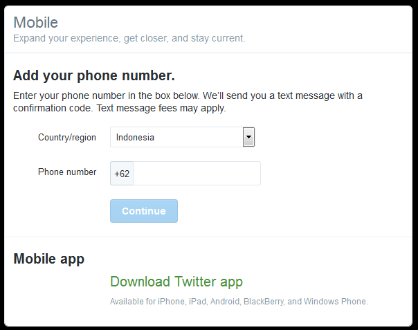 Halaman verifikasi nomor telepon twitter.