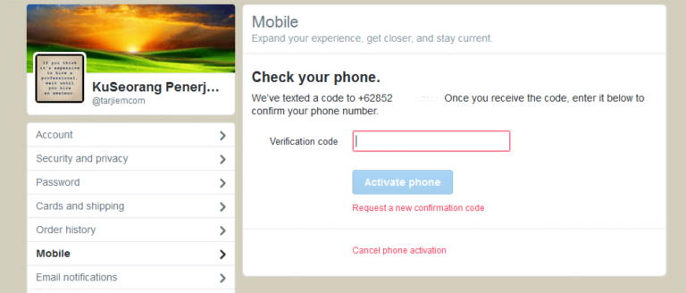 Tempat memasukkan kode verifikasi angka twitter.
