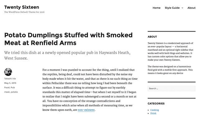 Halaman Desain Themes Twenty Sixteen WordPress 2016