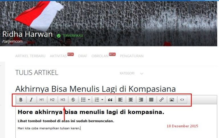 Bisa menulis lagi di Kompasiana, panel tulisan sudah bagus.