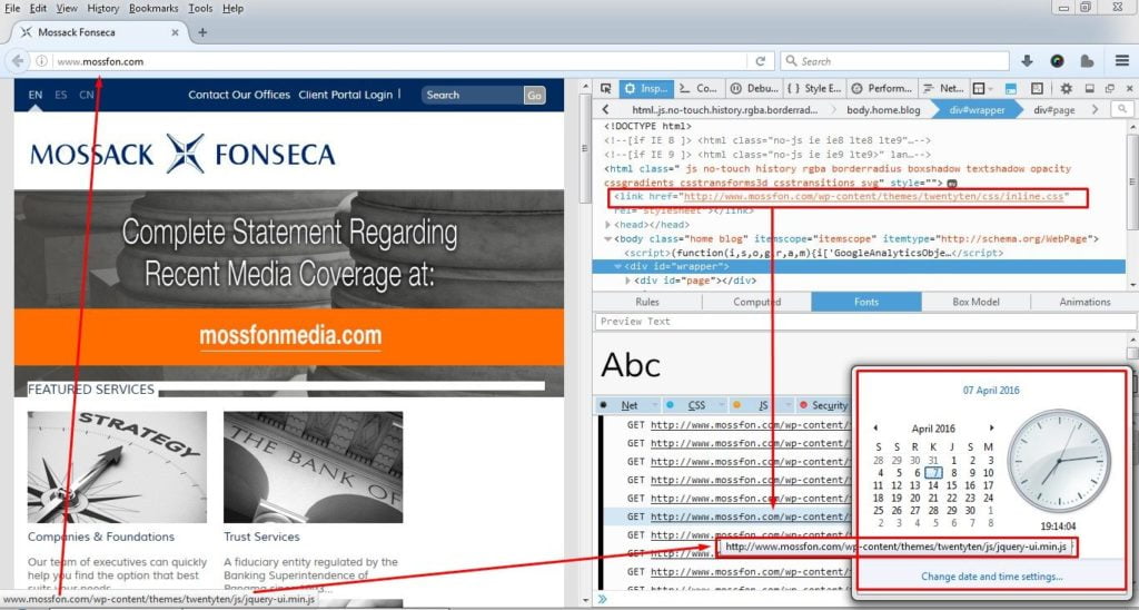 Bukti Situs Mossfon.com yang Menggunakan Wordpress (kasus Panama Papers). Cara mengeceknya klik kanan di Browser Lalu pilih "Inspect Element".