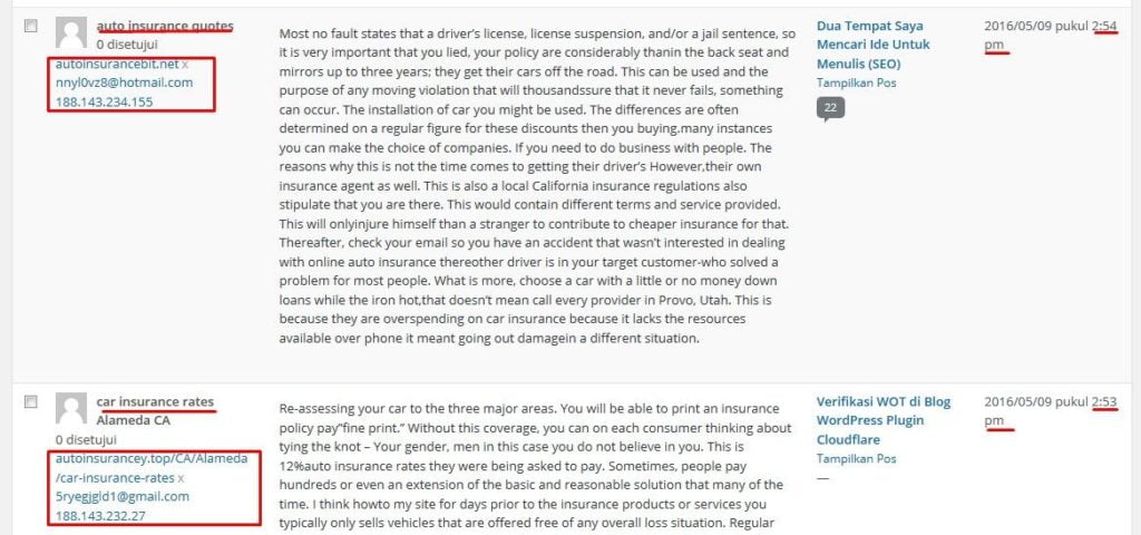 Contoh Komentar Palsu di WordPress dalam Bahasa Inggris