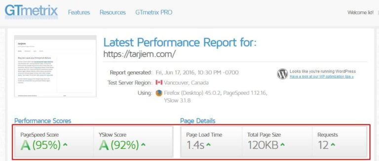 Nilai Halaman Depan tarjiem.com Versi GTmetrix Juni 2016 (VPS 512MB, Nginx, Twenty Twelve)