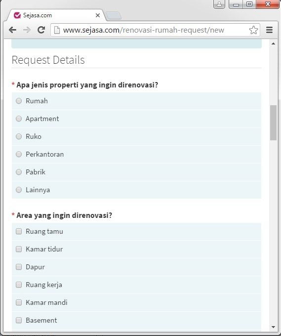 Contoh Formulir Pengisian Permintaan Jasa Renovasi Rumah di Sejasa.com