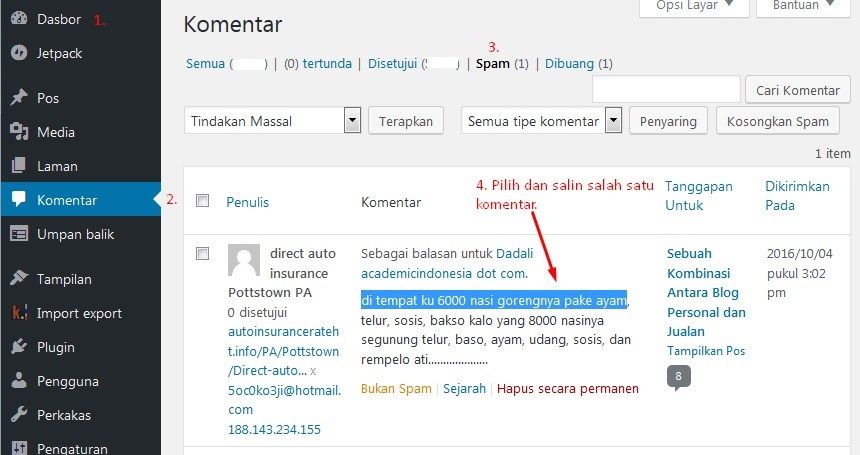 Masuk ke Admin WordPress, Komentar, dan salin 1 Komentar Spam