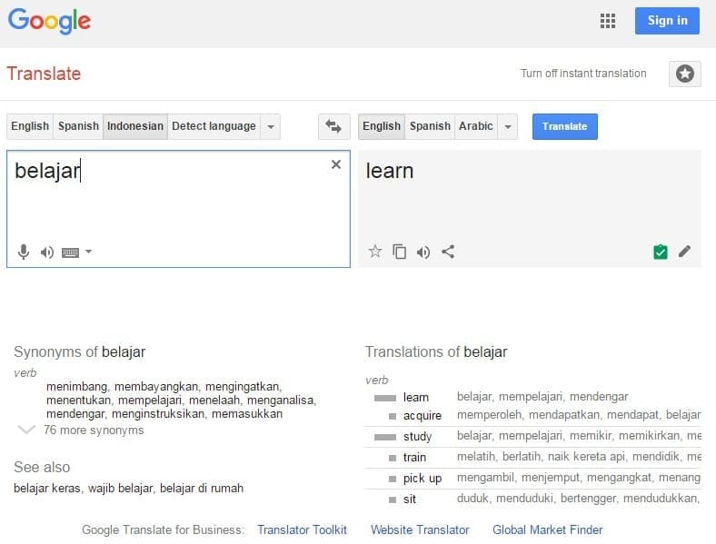 Hasil Translate Indonesia Inggris kata Belajar Banyak Artinya