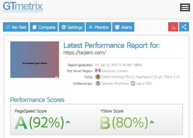 Kecepatan Beranda Tarjiem GTmetrix 13 Jan 2017 Divi Elegantthemes
