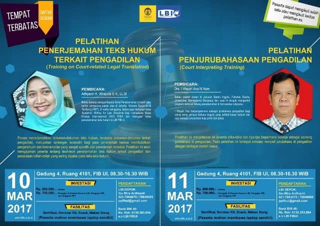 Salah Satu Brosur Kursus Penerjemah UI (Universitas Indonesia) Translation dan Interpreting Bulan Maret 2017
