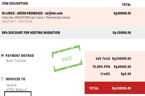 Tagihan Share Hosting Linux Ardhosting 1 Tahun Juli 2017-Juli 2018 Dapat Diskon 50% IIX SSD Litespeed