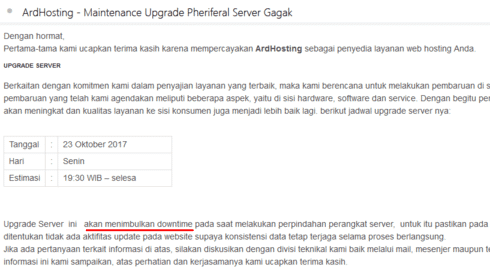 Surat Pemberitahuan Upagrade Server Dari Ardhosting