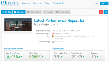 Hasil Kecepatan Gtmetrix tarjiem Okt 2017 di Ardhosting Indonesia