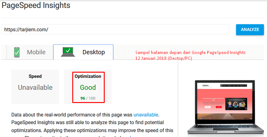 Optimasi Google PageSpeed Insights Baru 12 Januari 2018 PC/Desktop
