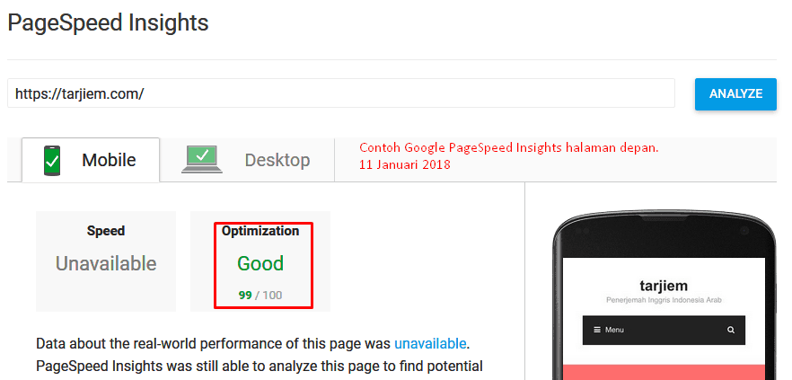 Optimasi Google PageSpeed Insights Baru 12 Januari 2018 Seluler/Mobile