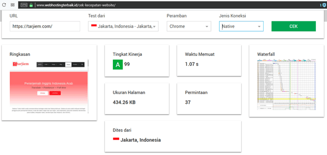 Cek Kecepatan Situs/Website Tarjiem 9 Jan 2018 oleh webpagetest.org