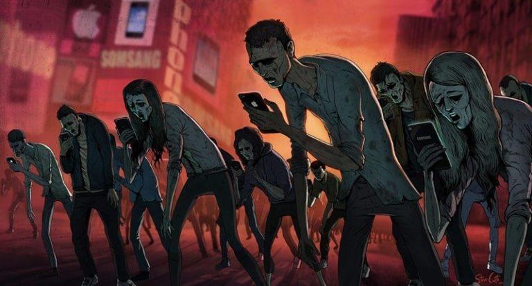 Orang Berjalan Mayat Hidup Zombi Sambil Pegang dan Lihat HP Ponsel Smartphone Stavecutts.com