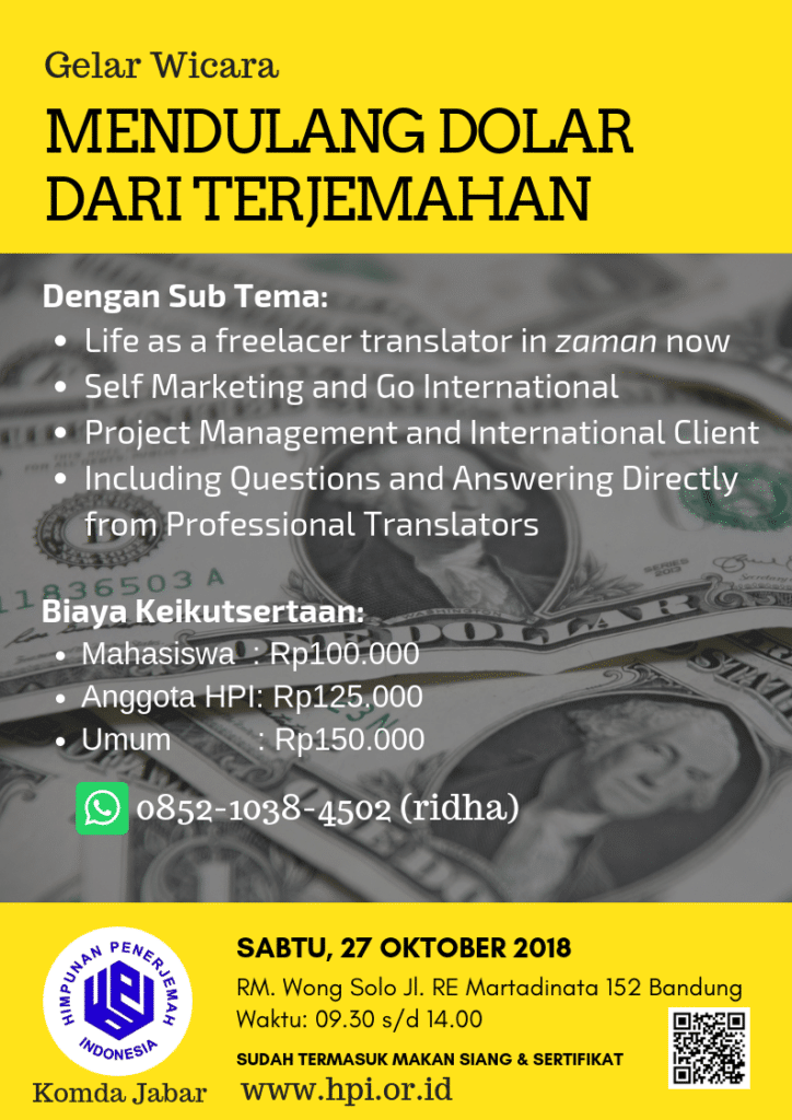 Konsep Awal Desain Poster Acara Cara Jadi Penerjemah Bahasa di Bandung - HPI Komda Jabar 27 Okt Wong Solo