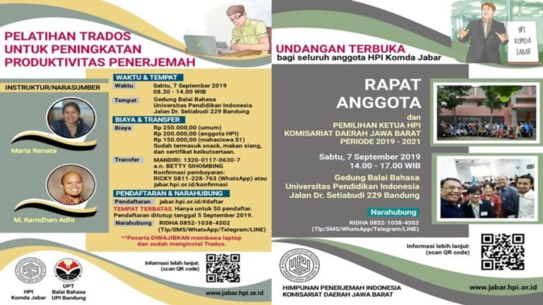 Poster Belajar Trados Ala Penerjemah Bahasa dan Rapat HPI Jabar- Acara HPI Komda Jabar di Balai Bahasa UPI 7 Sept 2019 Bandung
