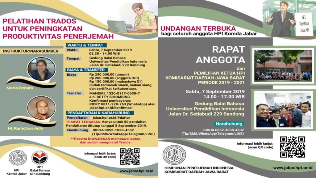 Poster Belajar Trados Ala Penerjemah Bahasa dan Rapat HPI Jabar- Acara HPI Komda Jabar di Balai Bahasa UPI 7 Sept 2019 Bandung
