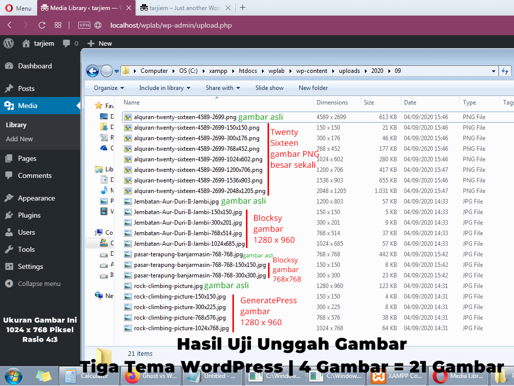 Hasil Uji Coba Unggah Gambar Dari Localhost Tiga Tema WordPress Blocksy, GeneratePress, dan Twenty Sixteen